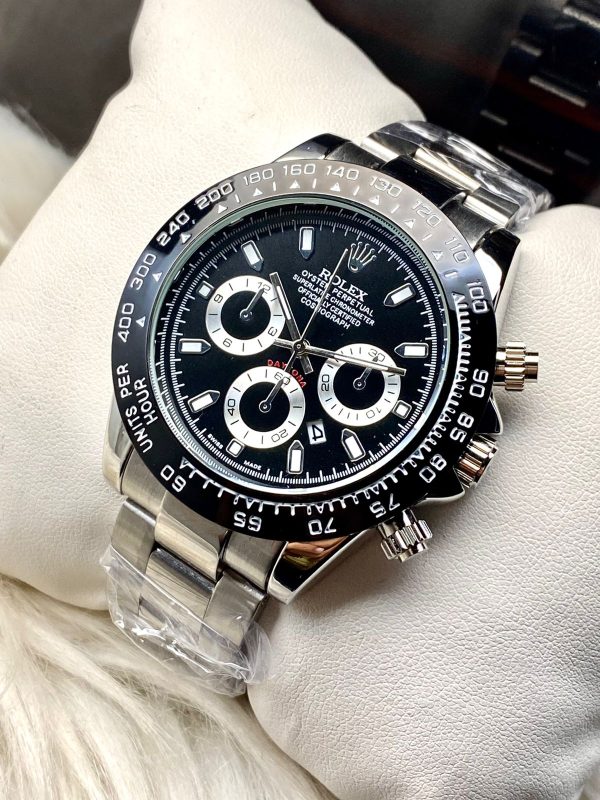 Rolex Daytona Rotating Bezel Quartz Machine | Quartz Chronograph Movement Silver Stainless Steel Strap Watch With Master Lock For Men.