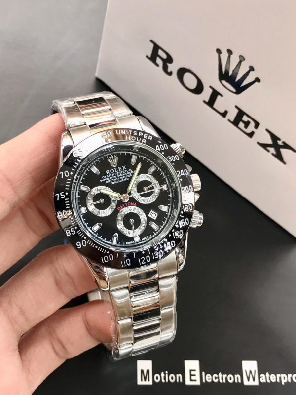 Rolex Daytona Rotating Bezel Quartz Machine | Quartz Chronograph Movement Silver Stainless Steel Strap Watch With Master Lock For Men.
