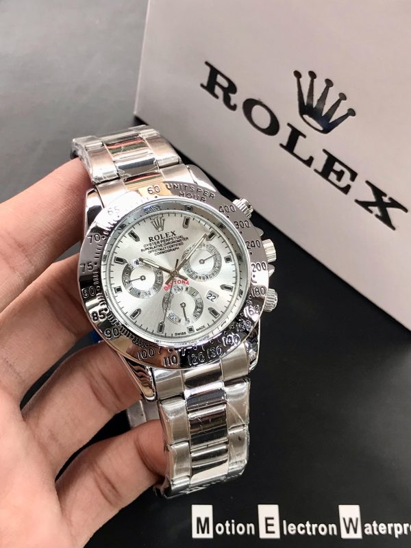 Rolex Daytona Rotating Bezel Quartz Machine | Quartz Chronograph Movement Silver Stainless Steel Strap Watch With Master Lock For Men.