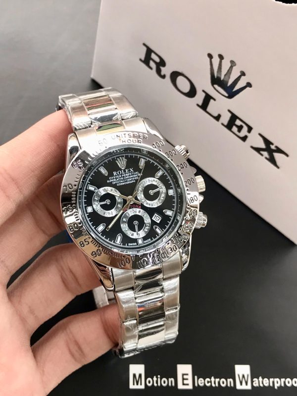 Rolex Daytona Rotating Bezel Quartz Machine | Quartz Chronograph Movement Silver Stainless Steel Strap Watch With Master Lock For Men.