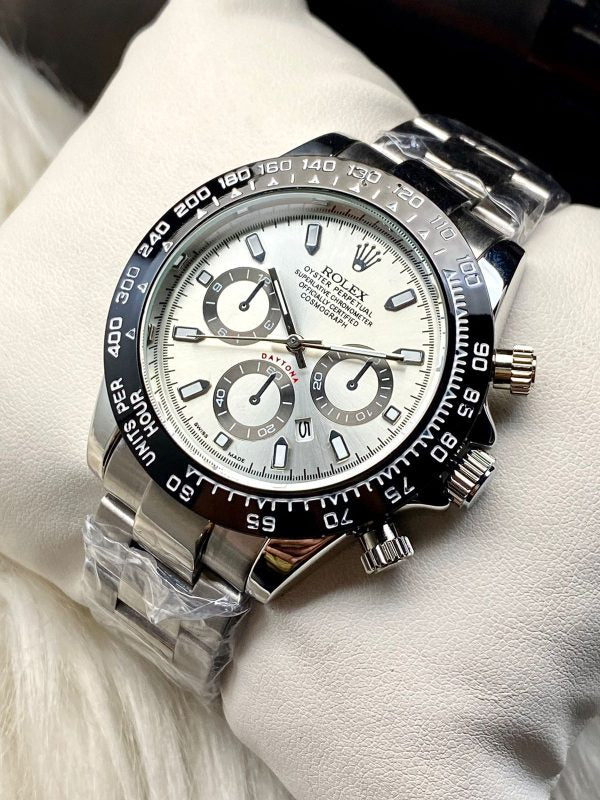 Rolex Daytona Rotating Bezel Quartz Machine | Quartz Chronograph Movement Silver Stainless Steel Strap Watch With Master Lock For Men.